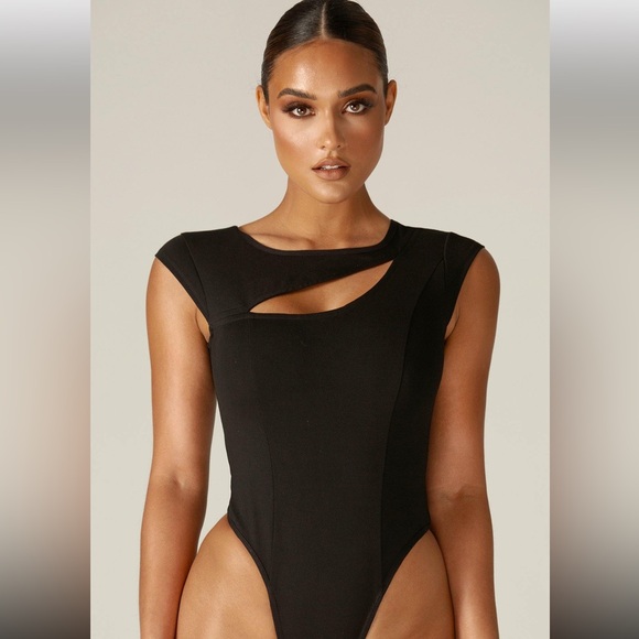 Alieva Black Sleeveless Asymmetrical Neck Bodysuit Small Office Siren - Picture 13 of 13